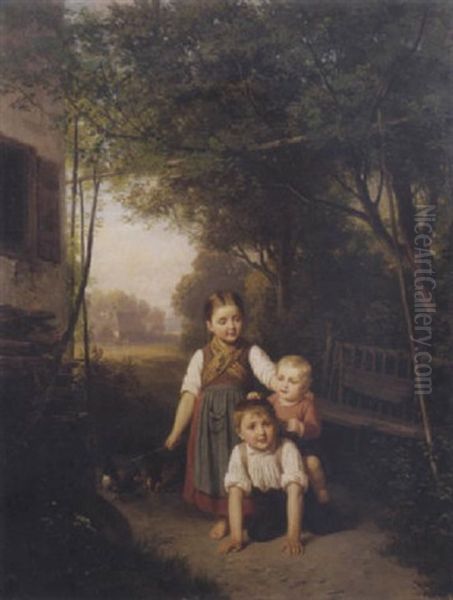 Children Playing Oil Painting by Ludwig Neustatter