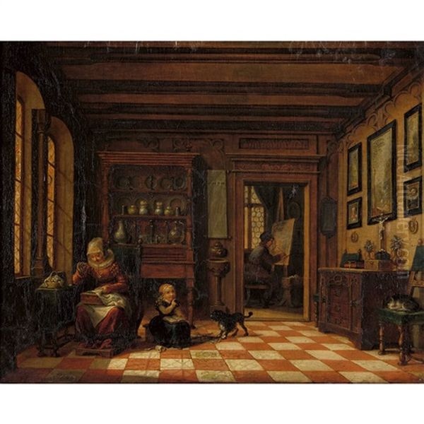 Interieur Mit Frau Bei Der Stickarbeit Und Maler An Der Staffelei Oil Painting by Maximilian Neustueck