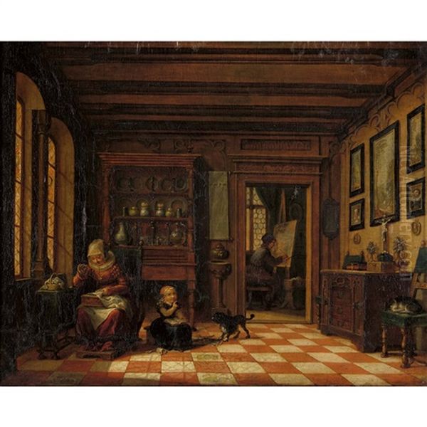 Interieur Mit Einer Frau Bei Der Stickarbeit Und Maler An ....der Staffelei Oil Painting by Maximilian Neustueck