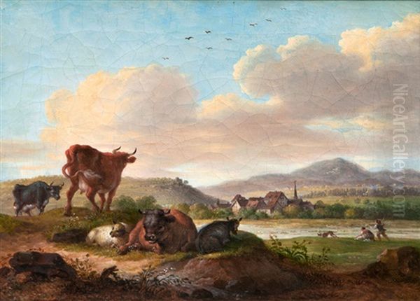 Paar Gegenstucke: Ruhendes Vieh Am Ufer Oil Painting by Maximilian Neustueck