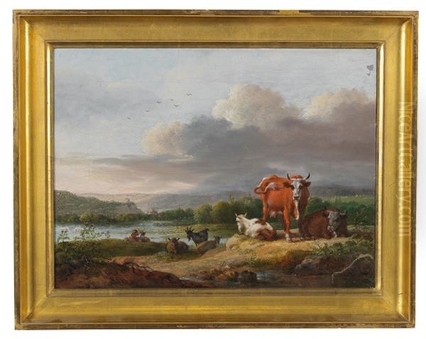 A Pair Of River Landscapes With Grazing Cattle Oil Painting by Maximilian Neustueck