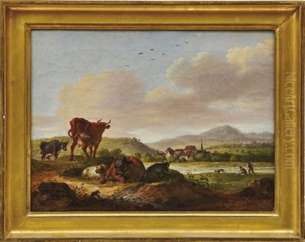 Zwei Flusslandschaften Mit Weidenden Tieren Oil Painting by Maximilian Neustueck