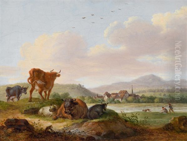 Sudliche Landschaft Mit Ruhenden Kuhen, Im Hintergrund Ein Fluslauf (+ Eine Sudliche Landschaft Mit Ruhenden Kuhen, Im Hintergrund Ein Dorf; Pair) Oil Painting by Maximilian Neustueck