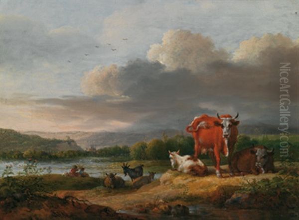 Sudliche Landschaft Mit Ruhenden Kuhen Und Rastenden Hirten Im Hintergrund Oil Painting by Maximilian Neustueck