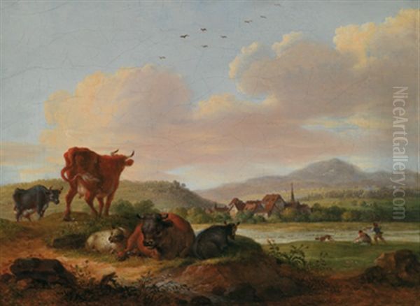 Sudliche Landschaft Mit Ruhenden Kuhen Und Einem Dorf Im Hintergrund Oil Painting by Maximilian Neustueck