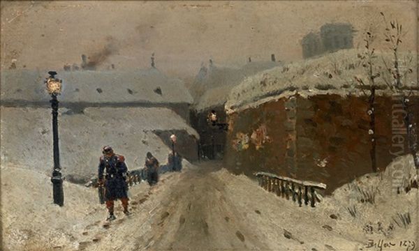 Belfort Sous La Neige, Le Long D'une Fortification, Un Militaire Remontant La Rue Oil Painting by Alphonse Marie de Neuville