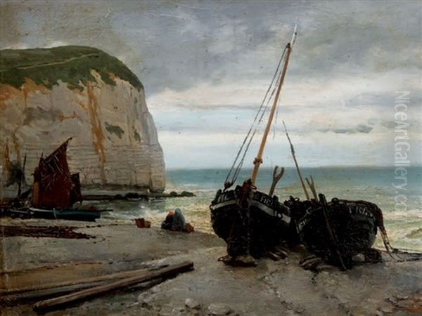 Barques De Pecheur Sur La Rive A Etretat Oil Painting by Alphonse Marie de Neuville