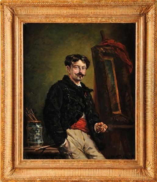 Autoportrait En Dolman Noir Dans Son Atelier Oil Painting by Alphonse Marie de Neuville