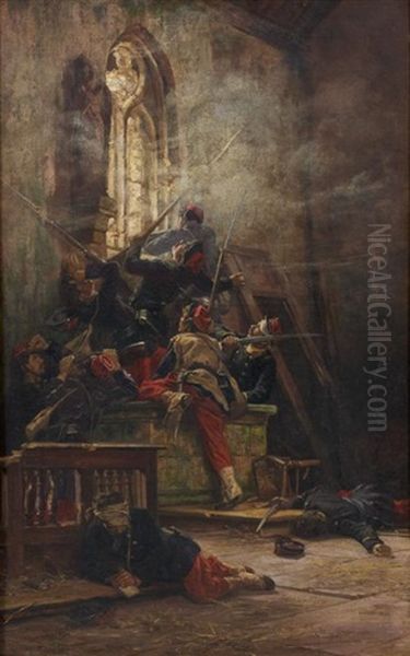 Scene De Combat Dans Une Eglise Oil Painting by Alphonse Marie de Neuville