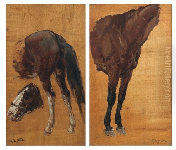 Chevaux (study; Pair) Oil Painting by Alphonse Marie de Neuville