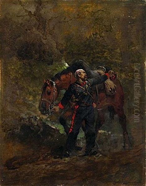 Scene De La Guerre, Artilleur A Cheval Blesse Oil Painting by Alphonse Marie de Neuville