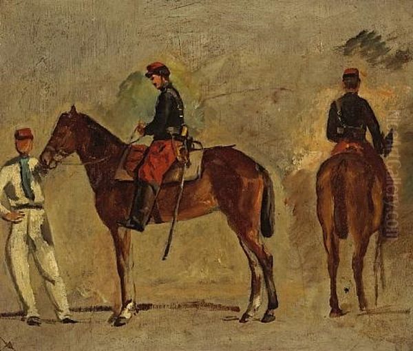 A Sketch Of Two Views Of An Officer On His Horse Oil Painting by Alphonse Marie de Neuville