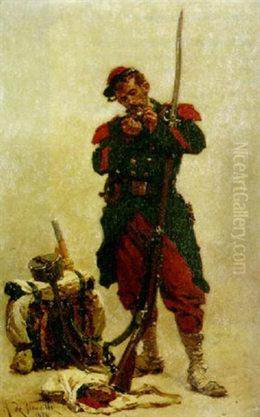 An Infantry Soldier Standing At Rest With A Musket, Lighting A Pipe Oil Painting by Alphonse Marie de Neuville