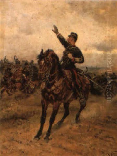 Halt! French Army On Manoeuvres Oil Painting by Alphonse Marie de Neuville