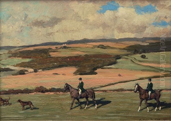 Parforce Riders In A Wide Landscape by August L. M. Neven du Mont