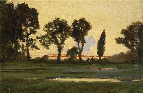 Abendliche Landschaft Mit Prachtvollen Baumsilhouetten Und Kleinem Tumpel Oil Painting by Herbert W. Neville