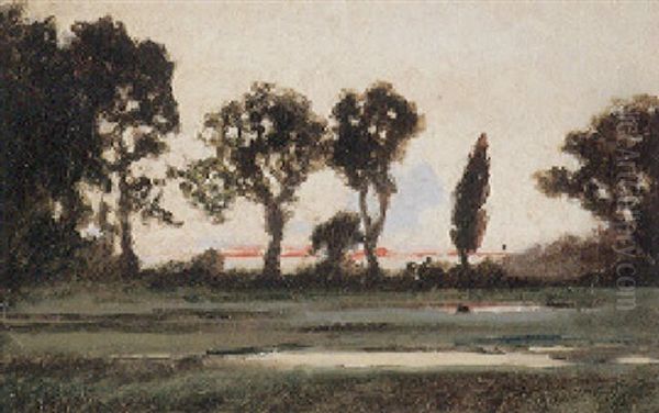 Abendliche Teichlandschaft Mit Busch- Und Baumwerk Im Verfarbten Gegenlicht by Herbert W. Neville