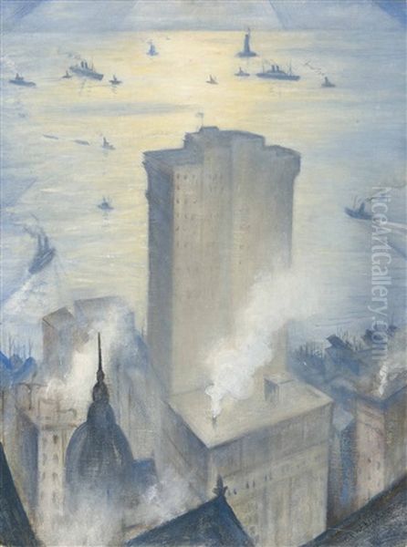 The Statue Of Liberty From The Railroad Club Oil Painting by Christopher Richard Wynne Nevinson