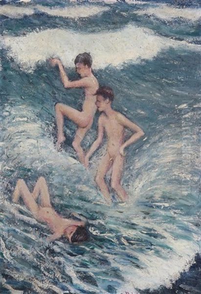 Three Boys Bathing In The Sea Oil Painting by Christopher Richard Wynne Nevinson