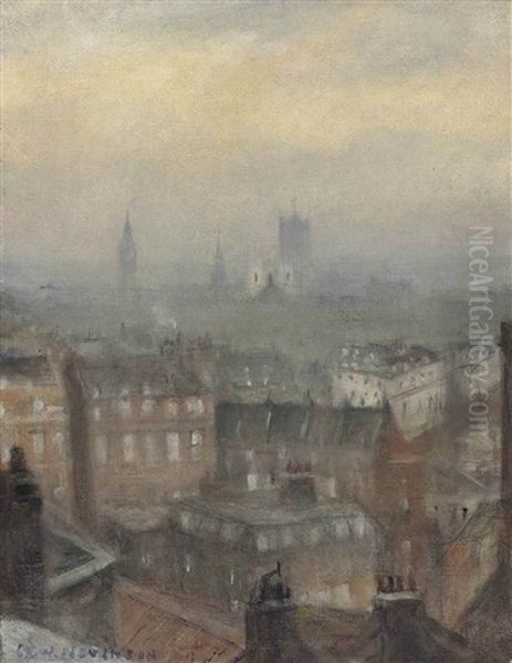 London Triumphant In The Fourth Year Of War: From The Dorchester Roof, Looking South-east Oil Painting by Christopher Richard Wynne Nevinson