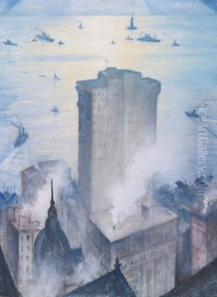 The Statue Of Liberty From The Railroad Club Oil Painting by Christopher Richard Wynne Nevinson