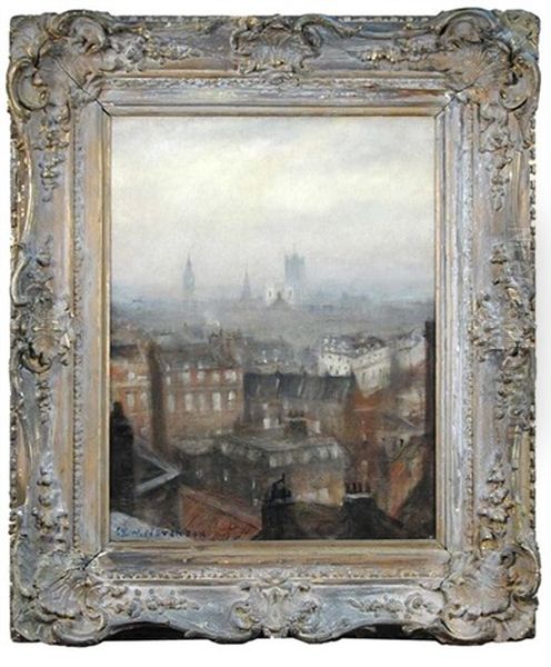 London Rooftops With The Houses Of Parliament In The Background Oil Painting by Christopher Richard Wynne Nevinson