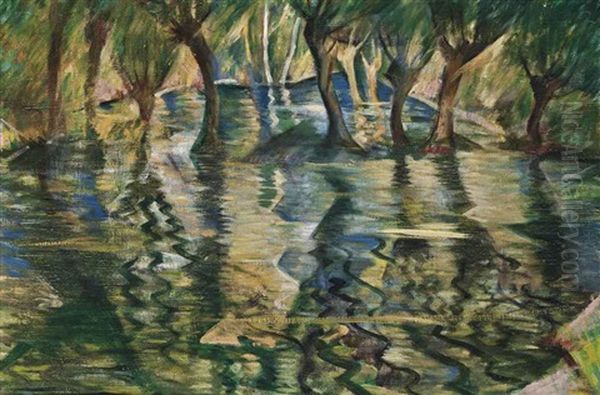 River Landscape; Picnic By The River (verso) Oil Painting by Christopher Richard Wynne Nevinson