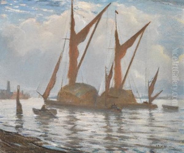 Barges In The Thames Oil Painting by Christopher Richard Wynne Nevinson