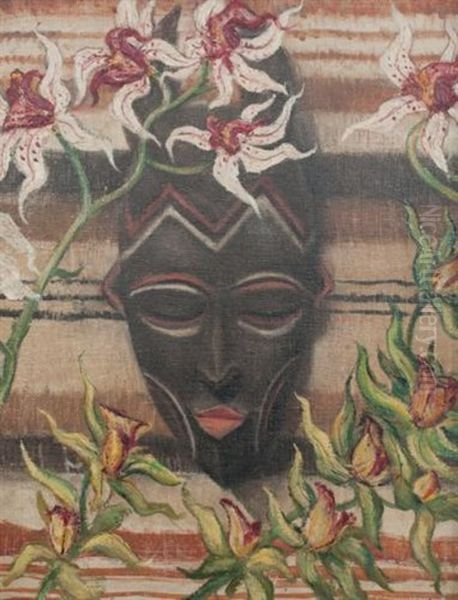 African Mask Oil Painting by Christopher Richard Wynne Nevinson