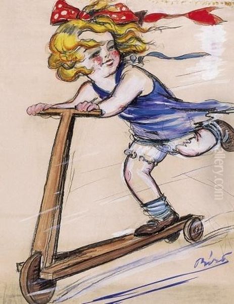 Girl, Riding A Roller (poster Design) Oil Painting by Mihaly Biro