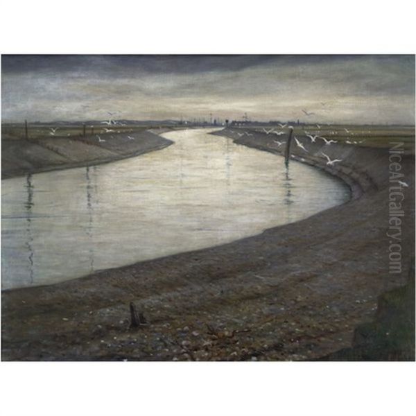 A River Winding Slowly Out To Sea Oil Painting by Christopher Richard Wynne Nevinson