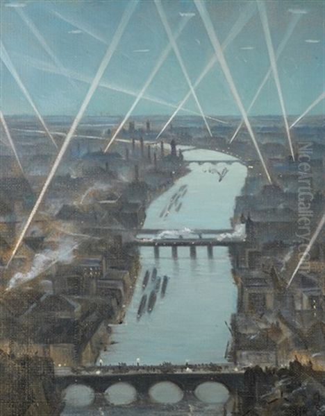 Among The London Searchlights Oil Painting by Christopher Richard Wynne Nevinson