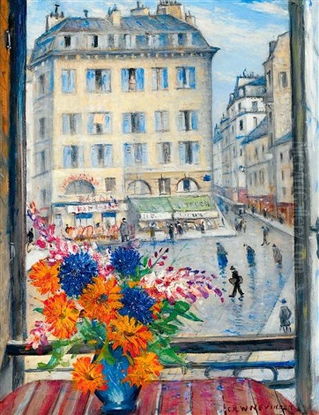 Autumn Bouquet, View From A Paris Window Oil Painting by Christopher Richard Wynne Nevinson