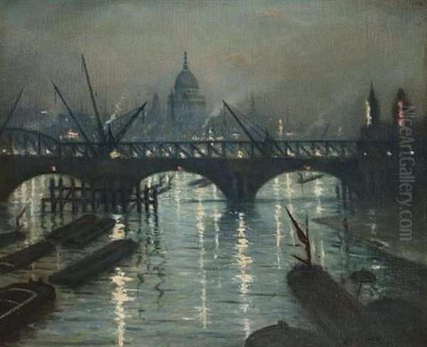 City Of London From Waterloo Bridge Oil Painting by Christopher Richard Wynne Nevinson