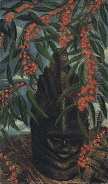 African Mask Oil Painting by Christopher Richard Wynne Nevinson