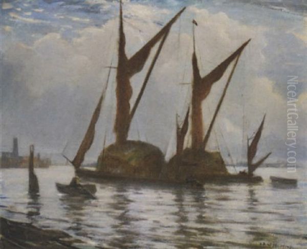 Barges On The Thames Oil Painting by Christopher Richard Wynne Nevinson