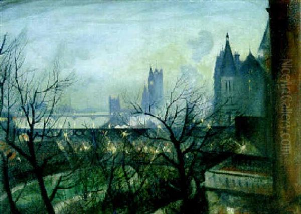 London Twilight; The Houses Of Parliament Fom The Adelphi Oil Painting by Christopher Richard Wynne Nevinson