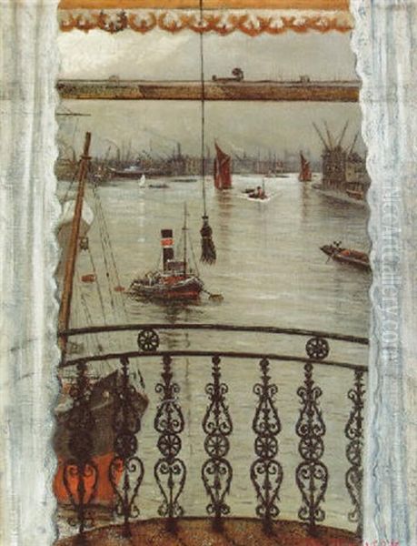 Greenwich Reach Oil Painting by Christopher Richard Wynne Nevinson