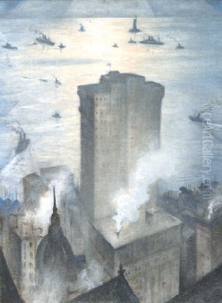 The Statue Of Liberty From The Railroad Club Oil Painting by Christopher Richard Wynne Nevinson