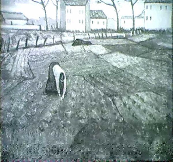 St. Ouen - Women Gardening Oil Painting by Christopher Richard Wynne Nevinson