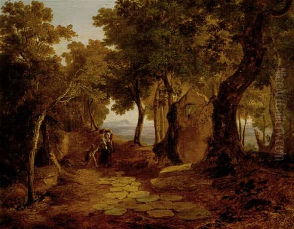 Figures On Path Along The Bay Of Naples Oil Painting by John (Newbott) Newbolt