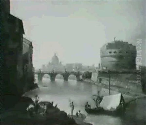 The Castel San Angelo With St.peter's Rome Beyond Oil Painting by John (Newbott) Newbolt