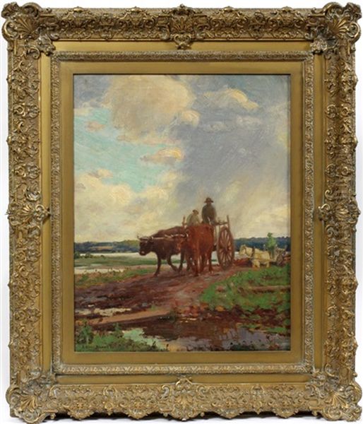 Ox Cart On Path Oil Painting by George Glenn Newell