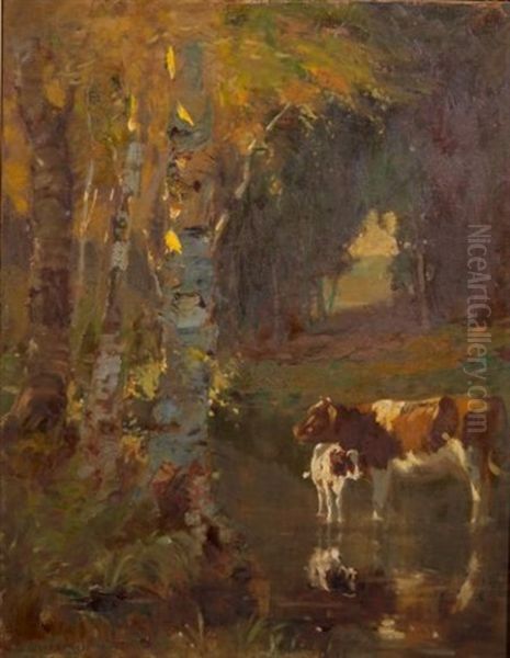 Cow And Calf In The River Shallows, Autumn Oil Painting by George Glenn Newell