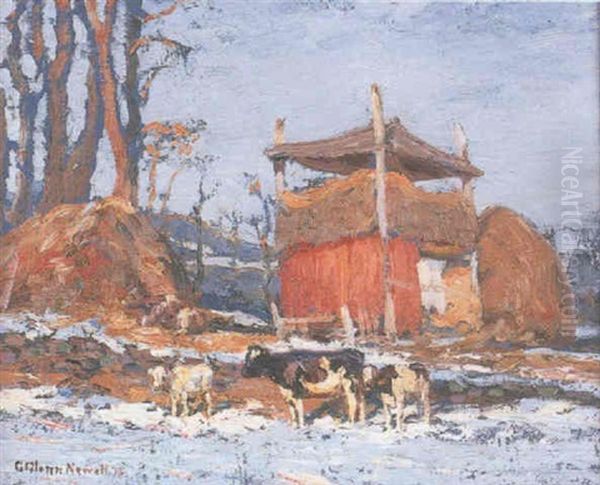 Cattle Grazing In A Snow Covered Landscape Oil Painting by George Glenn Newell