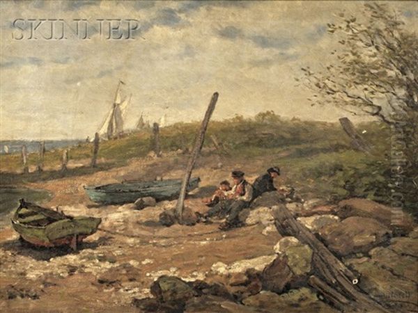 Fishermen Resting On The Shore Oil Painting by Hugh Newell