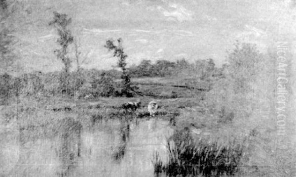 A River Landscape With Cows Oil Painting by Hugh Newell