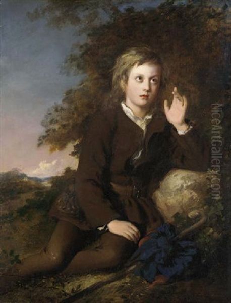 A Young Boy Resting In A Wooded Landscape Oil Painting by Frederick Newenham