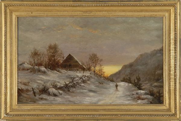 Hunter In A Winter Sunset Landscape Oil Painting by Kate White Newhall