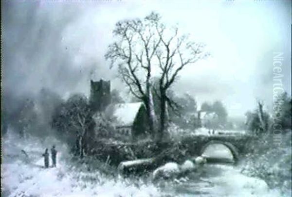 A Winter Wooded River Landscape With Figures On A Track A   Church Beyond Oil Painting by Francis Newton